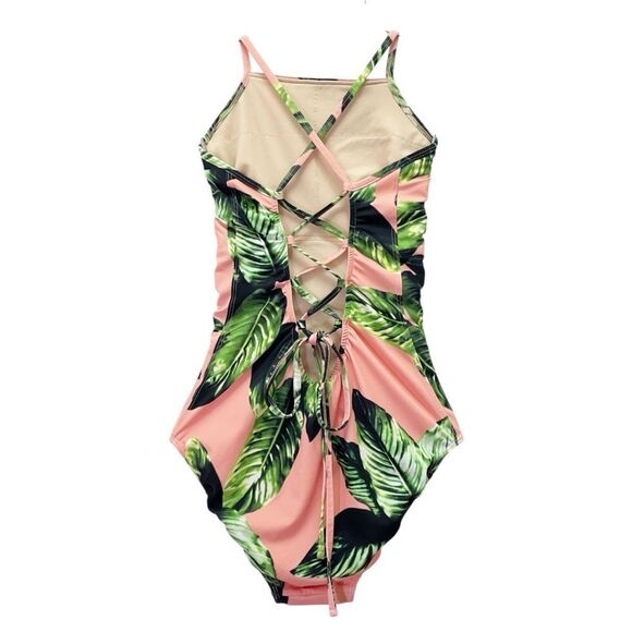 Albion Waikiki One Piece Swimsuit Pink Green Leaf Print Lace Up Back Size Medium - Picture 3 of 14